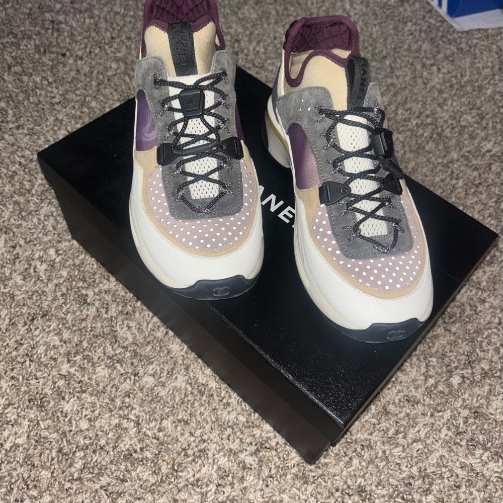 Women's CHANEL Designer Sneakers in Gray and Cream - Picture 8 of 9